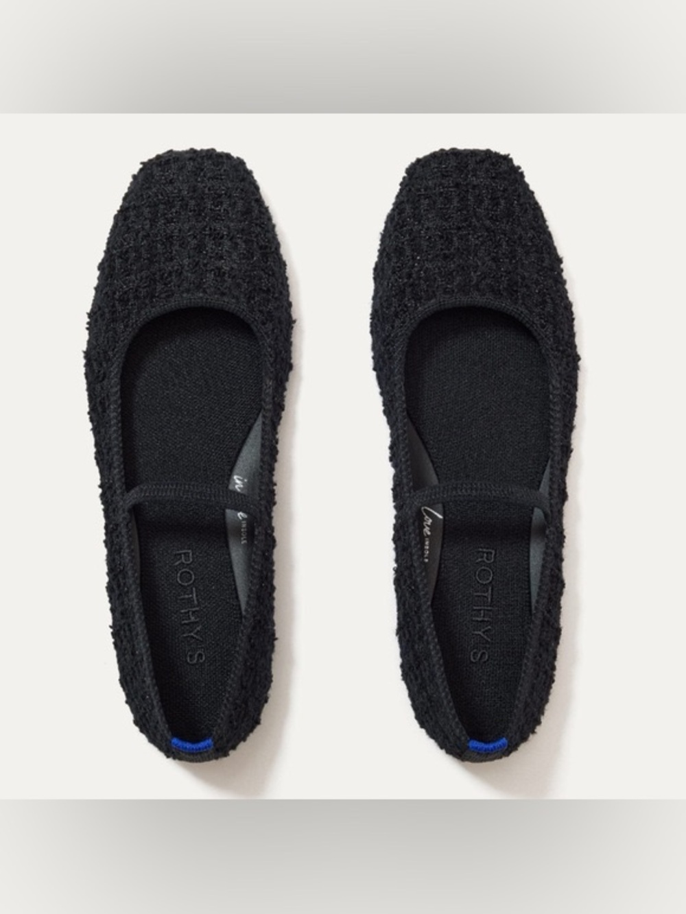 Rothy’s The Max Square Mary Jane Bouclé Black Knit Ballet Flats US 7 Washable